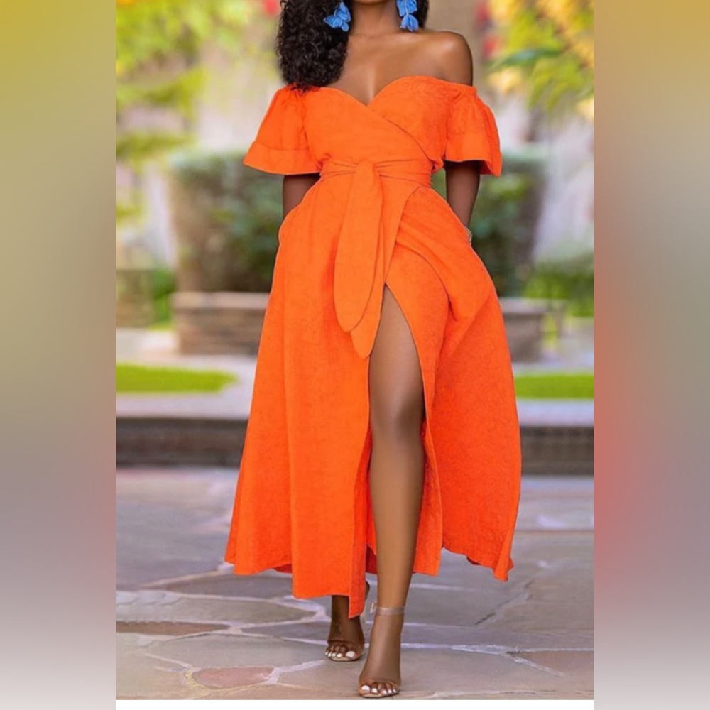 Orange off shoulder split dress